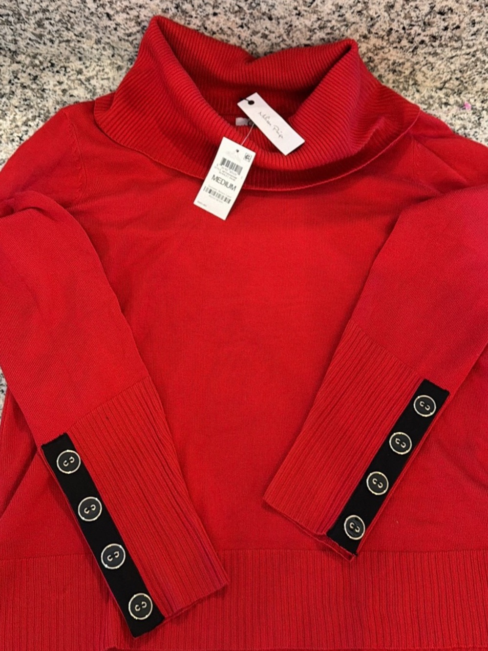Melissa Paige Red Cowlneck Sweater with Button-Trim Cuffs